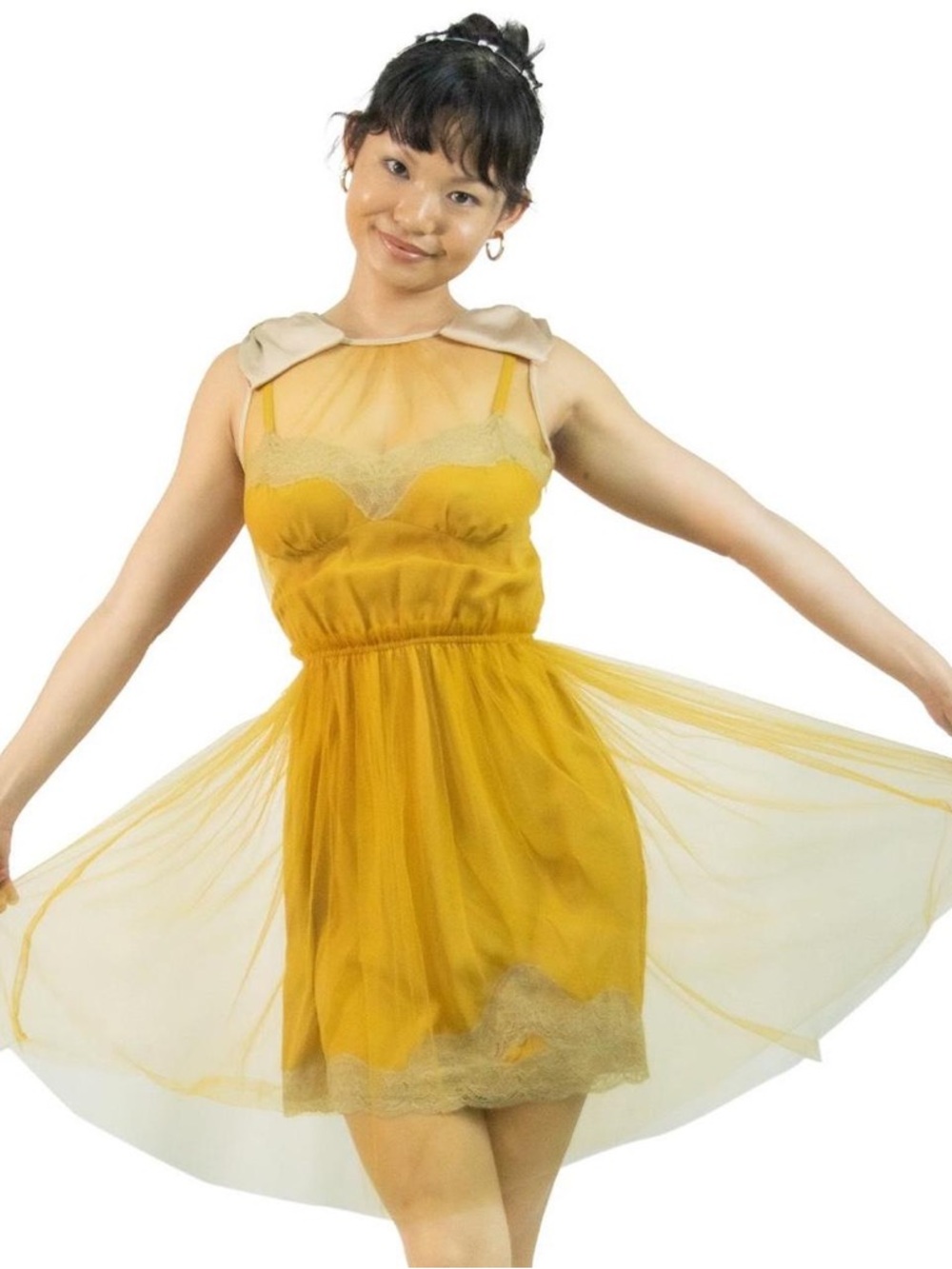 Rodarte for Target Mustard Yellow Bow Mesh Lace Slip Dress